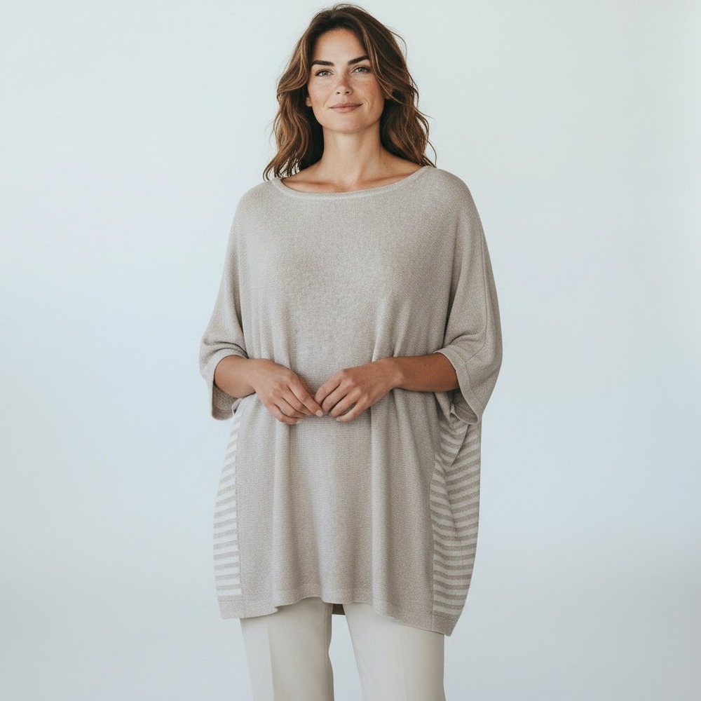 Chicos Metallic Shimmer Knit Poncho Top Beige Dolman Sleeve 
Minimalistic SZ 2